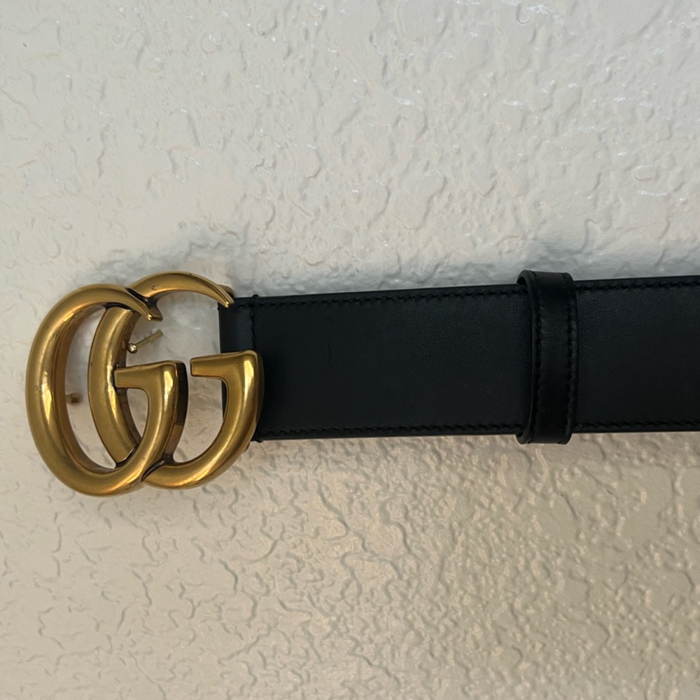 Womens Gucci Brass Double G Black Leather Belt 80.32 Made In Italy Authentic